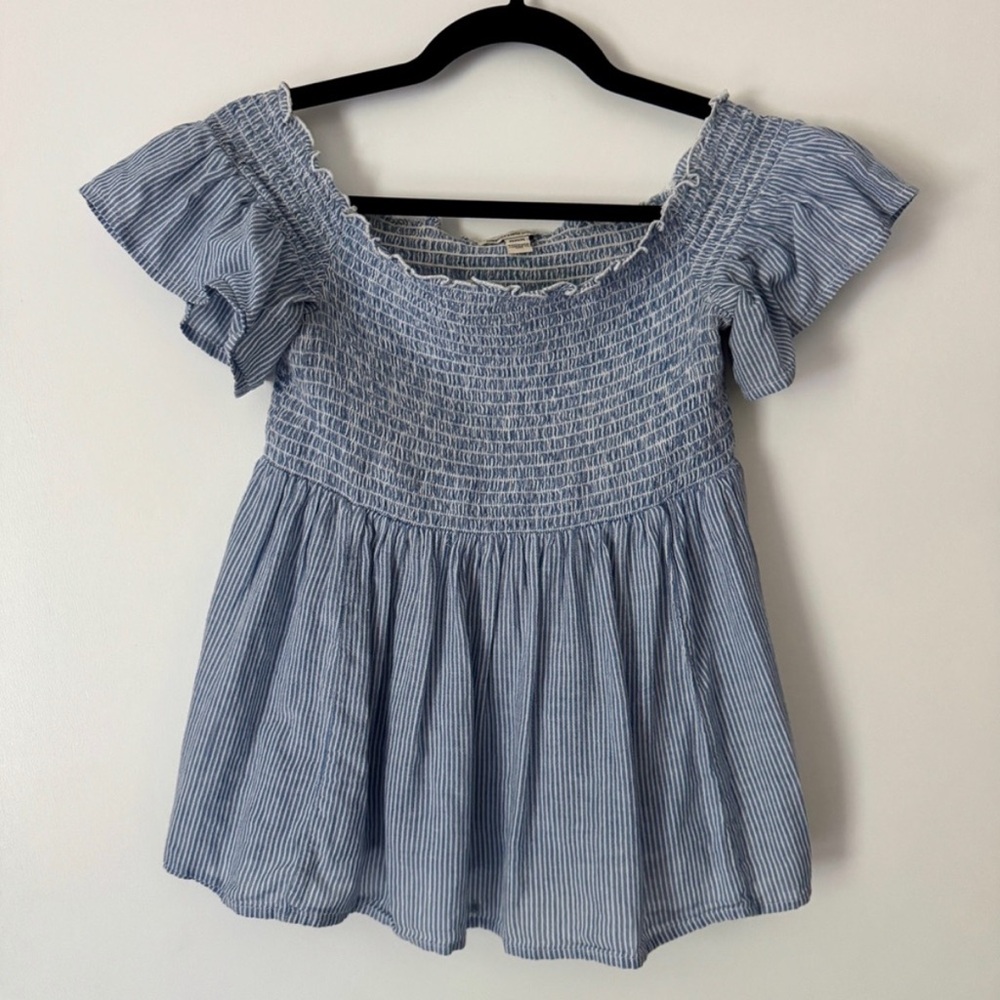 American Eagle Blue & White Striped Peplum Ruffle Sleeve Top 🌊 Size Medium